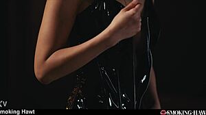 Sexy Leather Japanese Emiri Smoking While Giving Blowjob and Doggystyle