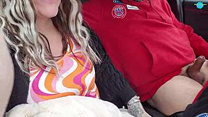 Dirty husband enjoys a sneaky blowjob in public car