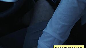 Sexy asian hottie plays with natural big boobs in car