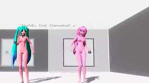 Hatsune Miku and Luka Megurine Strip Nude in World's End Dancehall, Revealing Goddess Bodies with Big Tits and Asses While Dancing Seductively