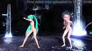 Hatsune Miku and Luka Megurine Strip Nude in World's End Dancehall, Revealing Goddess Bodies with Big Tits and Asses While Dancing Seductively