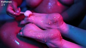 cutie piie rubs popsicle on bare feet