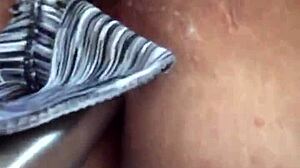 Maledom in kitchen masturbates with daughter's thong, squirting