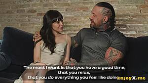 feeling intense pleasure from inked brunette's blowjob