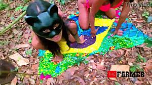 cat fight at the farmer's farm with sexy costumes