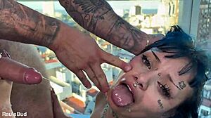 Skinny tattooed girl gets vaginal domination from two huge cocks in a quickie