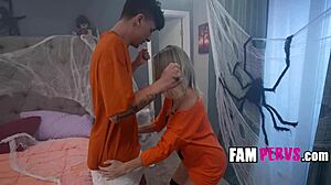 Stepmom Gigi Dior squirts in Halloween fright. Ethan hunts her down for retro action.