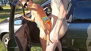 Big ass Latina MILF sucks Sebas Ricci's cock during risky roadside anal