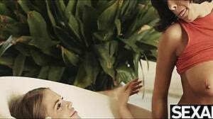 Two Hot Lesbians Boldly Lick Big Natural Tits To Intense Orgasms