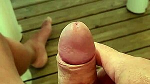 Excited to cum on terrace of mobil home in camping