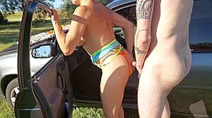 Big ass Latina MILF sucks Sebas Ricci's cock during risky roadside anal