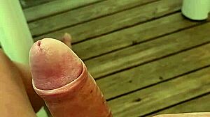 Excited to cum on terrace of mobil home in camping