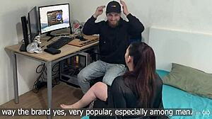 horny busty milf seduces repairman with intimate titty fuck action.