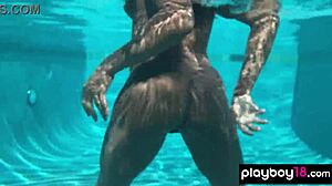 Naked ebony milf Ana Foxxx fingers her hairy black pussy outdoors under water