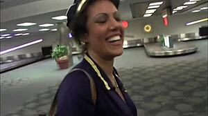 Milf stewardess pounded hard by black cock action.