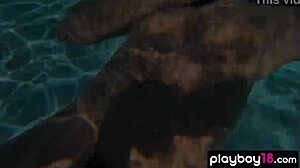 Naked ebony milf Ana Foxxx fingers her hairy black pussy outdoors under water