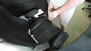 ginger hints at explosive solo masturbation with huge cum on chair.