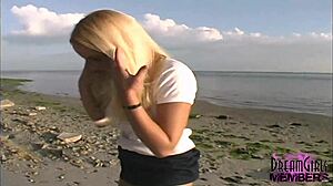 All natural blonde flashing her shaved pussy at the park