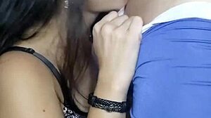 Brunette friend gags on cock while licking balls, then gets cum on big natural tits