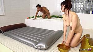 Japanese Nuru Massage Turns Into Creampie with Milf