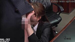 secretary caught masturbating in office while boss lurks behind the door.