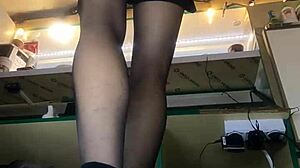 Milf serves guests in mini skirt during winter