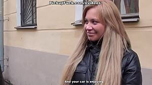 Blonde amateur intensely sucks cock on public porch