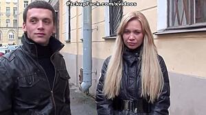 Blonde amateur intensely sucks cock on public porch