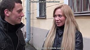 Blonde amateur intensely sucks cock on public porch