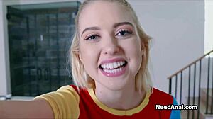 Blonde teen 18+ sticks huge dildo in ass before dick