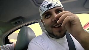 brunette sucks cock in a car then gets dick in her tight teen pussy