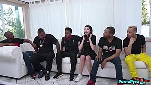 Cute Teen 18+ Corra Cox Sucks Big Black Cocks in Interracial Blowbang with Choking