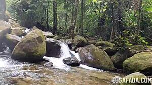 Milf performs oral on interracial cock outdoors