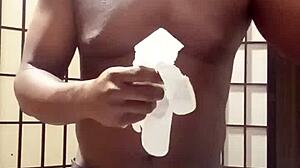 Woman uses banana on tits in kitchen with big black cock