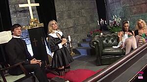 Hot Blonde and Brunette Start Smoking Orgy in Church Now!