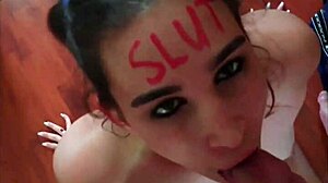slut with lipstick sucking cock and getting face fucked 😏