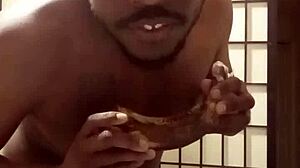 Woman uses banana on tits in kitchen with big black cock