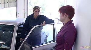 blondie handywoman fixes up redhead lesbian girl's car with some kissing and touching