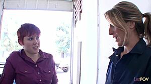 blondie handywoman fixes up redhead lesbian girl's car with some kissing and touching