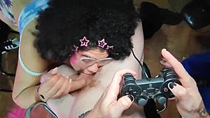 Sofie lollipop loses video game, deepthroats carmona's big cock for cum in mouth