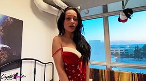 hottie in christmas cosplay deepthroats big dick