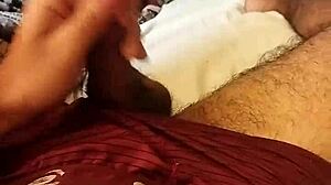 Skinny Brazilian guy jerks off huge cock in bedroom solo action