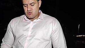 Beautiful boss masturbates monster cock in public