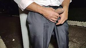 Beautiful boss masturbates monster cock in public