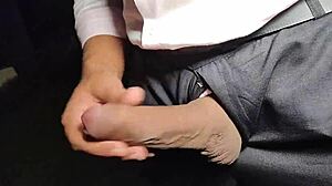 Beautiful boss masturbates monster cock in public