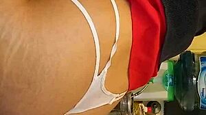 Transsexual Latina sucks my cock then I fuck her ass in the kitchen with close-up view