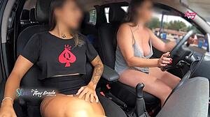 Hot Latina milfs Thay Ksada and Dhi Hotwife flash big tits at gas station.