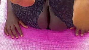 ebony milf’s morning workout with pussy spreading action outdoors.