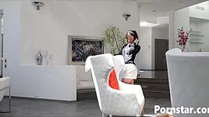 Jennifer White gets off solo with fingering on sofa