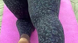 ebony milf’s morning workout with pussy spreading action outdoors.